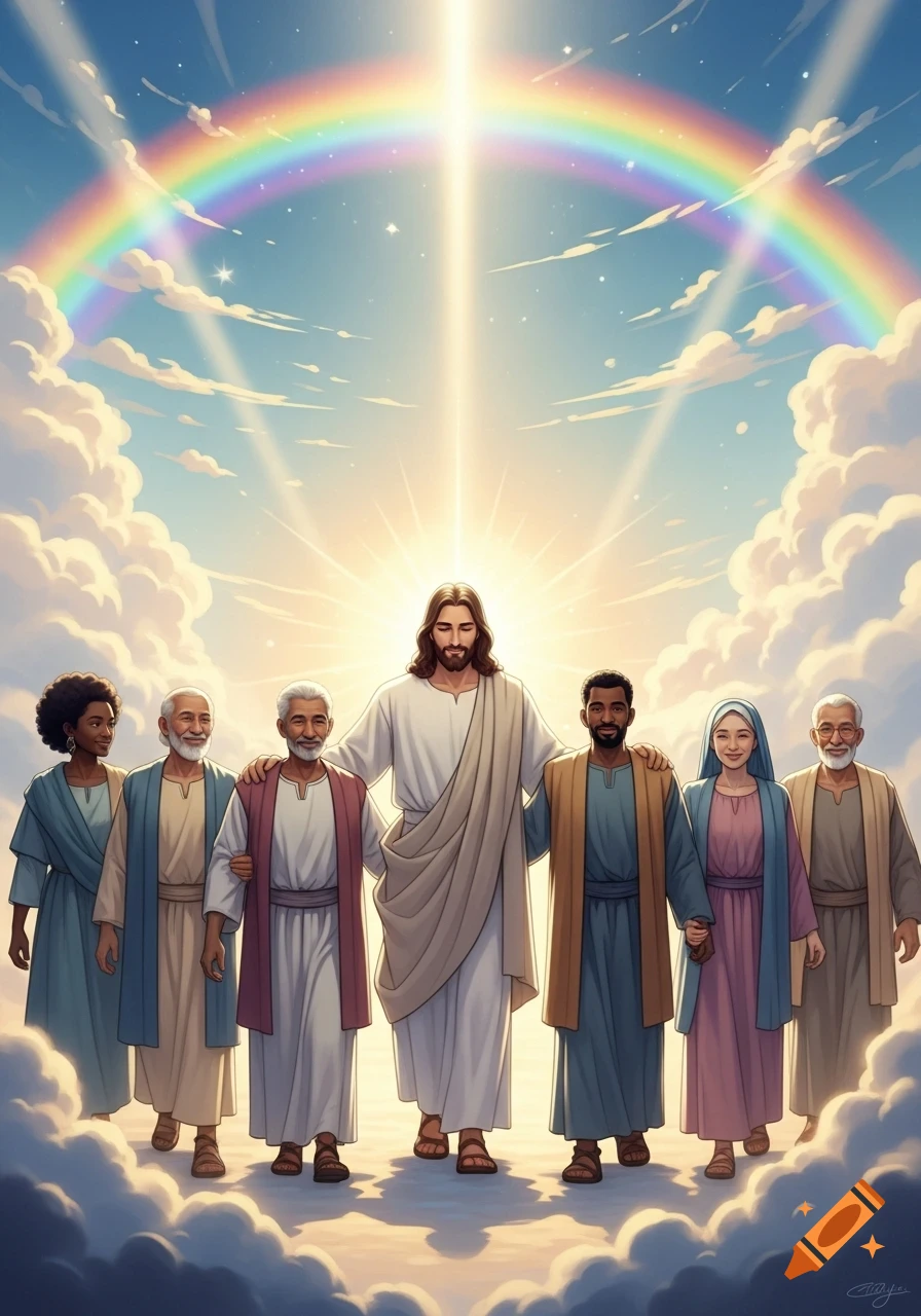 Jesus Christ walks on clouds with a diverse group of people, with a radiant light and a rainbow in the sky.