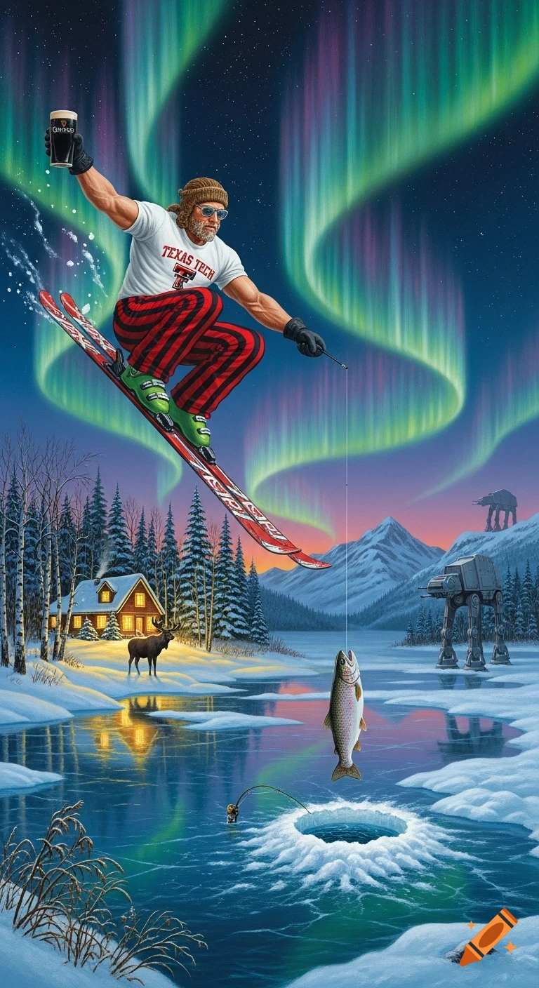 A muscular man on skis jumps over a frozen lake, holding a Guinness and an ice fishing rod, under the northern lights.