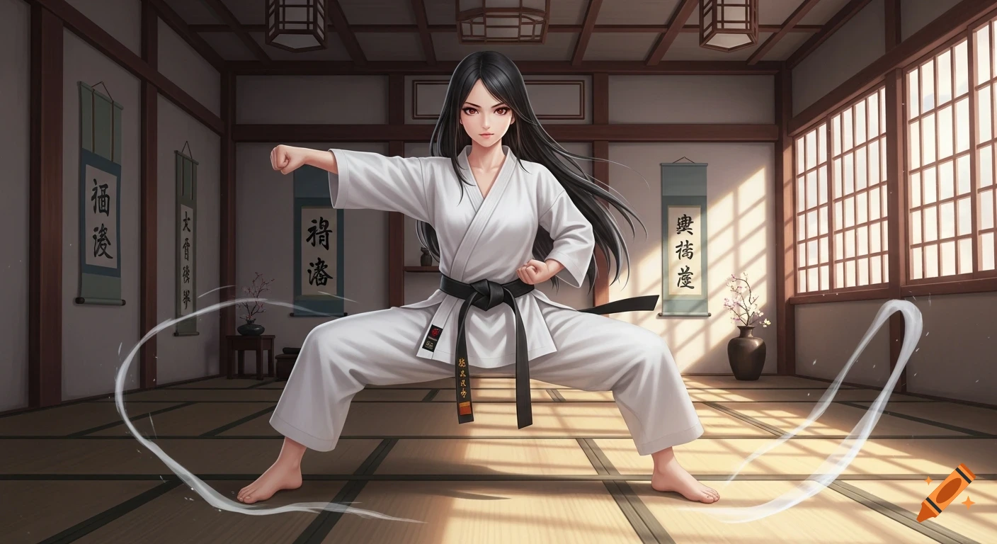 An anime girl with long black hair in a white karate gi and black belt stands in a low wide stance in a dojo, with scrolls on the wall.