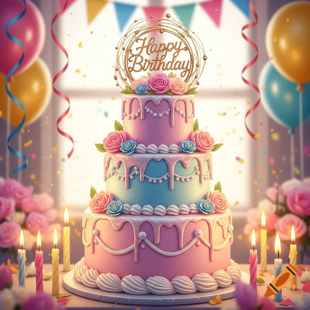 A vibrant three-tiered birthday cake with pink and blue frosting, topped with a golden 'Happy Birthday' sign and surrounded by lit candles, balloons, and confetti.