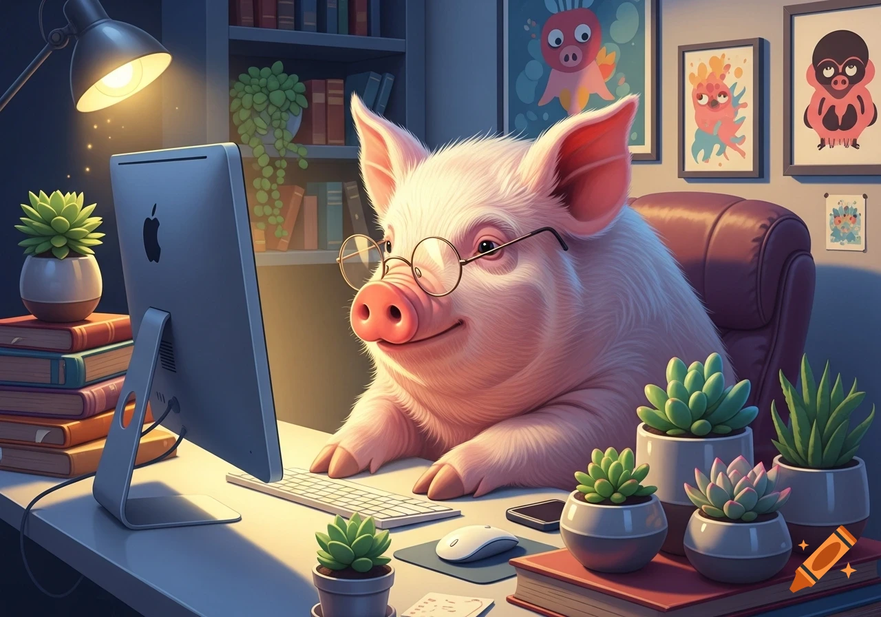 A cute, fluffy pig wearing glasses sits at a computer desk, looking at an iMac surrounded by succulents and books.