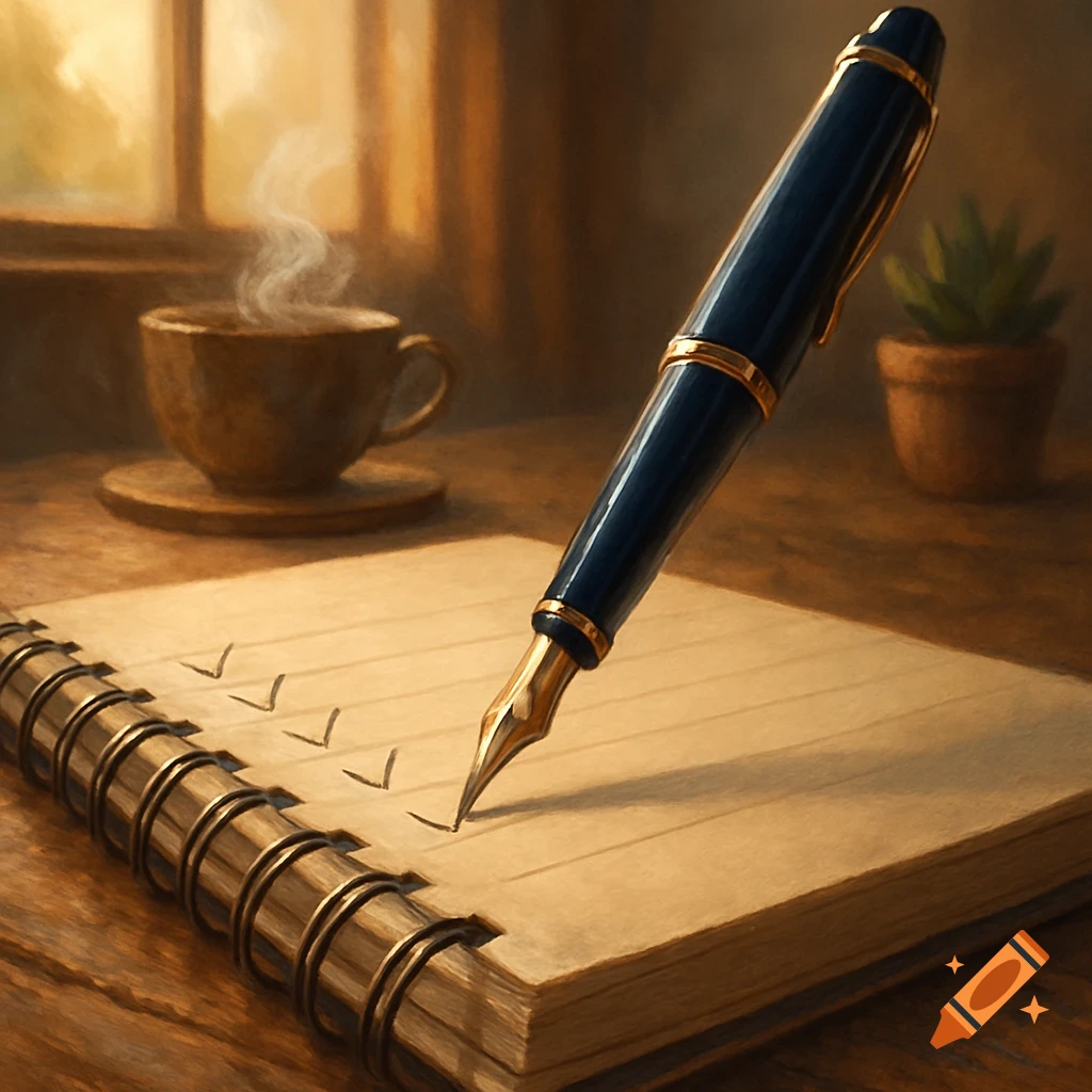 Dark blue and gold fountain pen making a checkmark on a spiral notebook with coffee and a plant in a painterly style.
