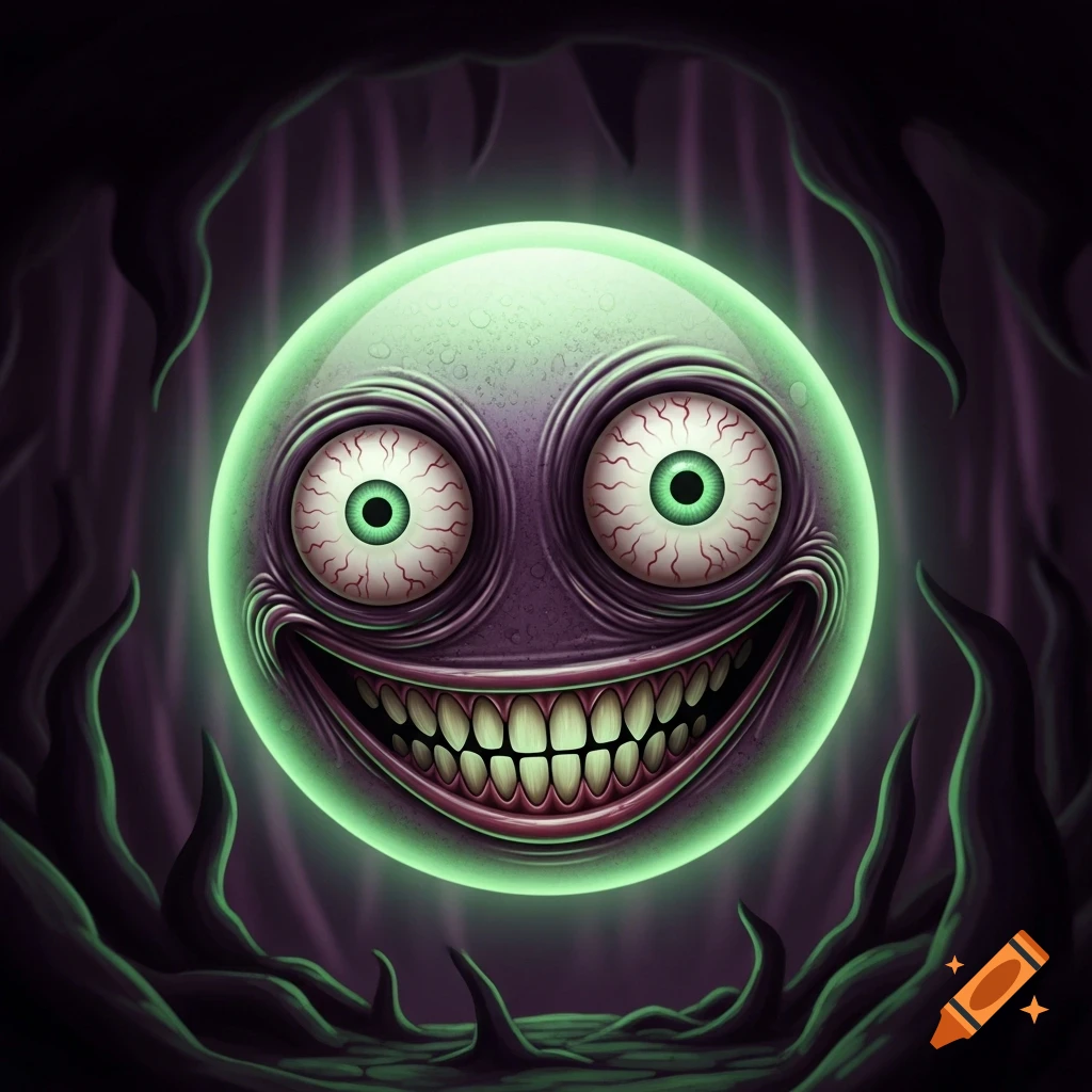 A glowing, green-purple emoji with bulging bloodshot eyes and a wide, creepy smile full of sharp teeth, set against a dark, organic background.