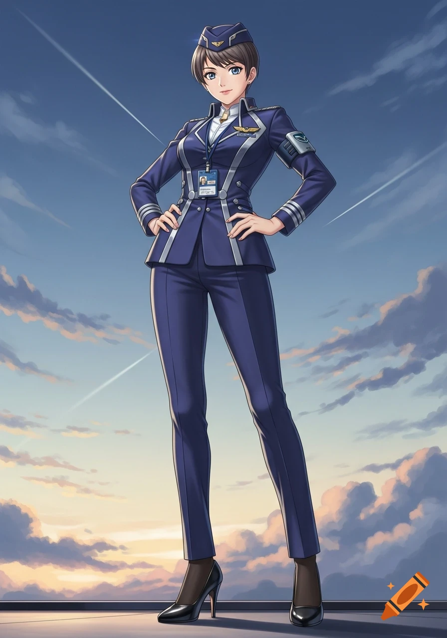 An anime-style woman in a dark blue flight attendant uniform with white stripes, hands on hips, against a sky with clouds and contrails.