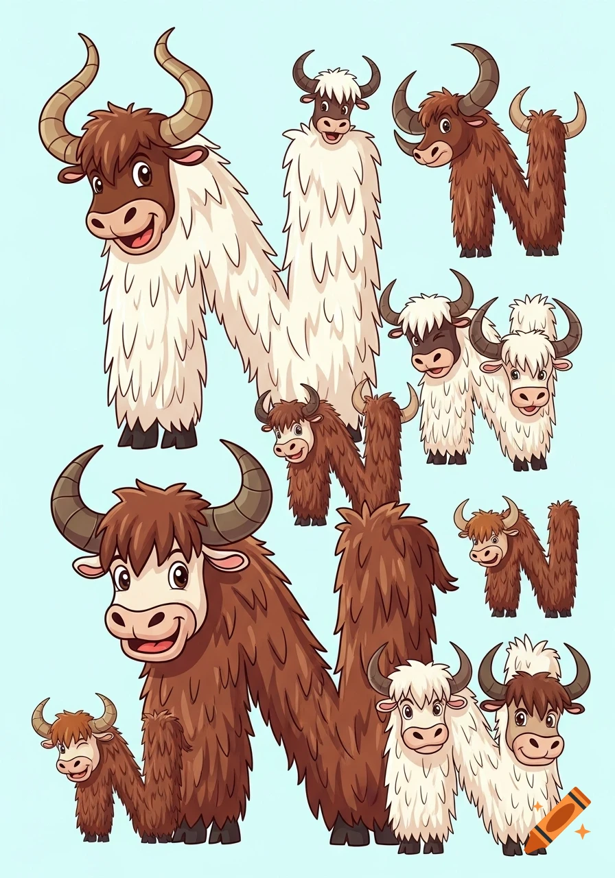 Cartoon illustration of various yaks, some stylized as the letter 'N', against a light blue background.