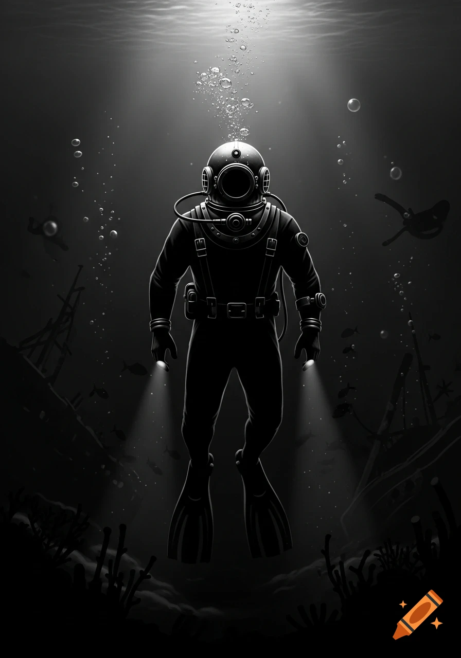 A deep-sea diver in a vintage helmet and suit floats in dark, black and white water with bubbles and light from above, sunken ships below.