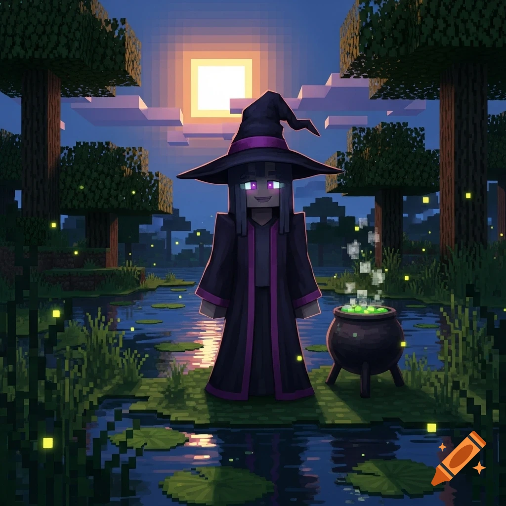 A Minecraft-style witch in a black and purple robe and hat stands by a bubbling cauldron in a swampy forest at dusk, with fireflies.