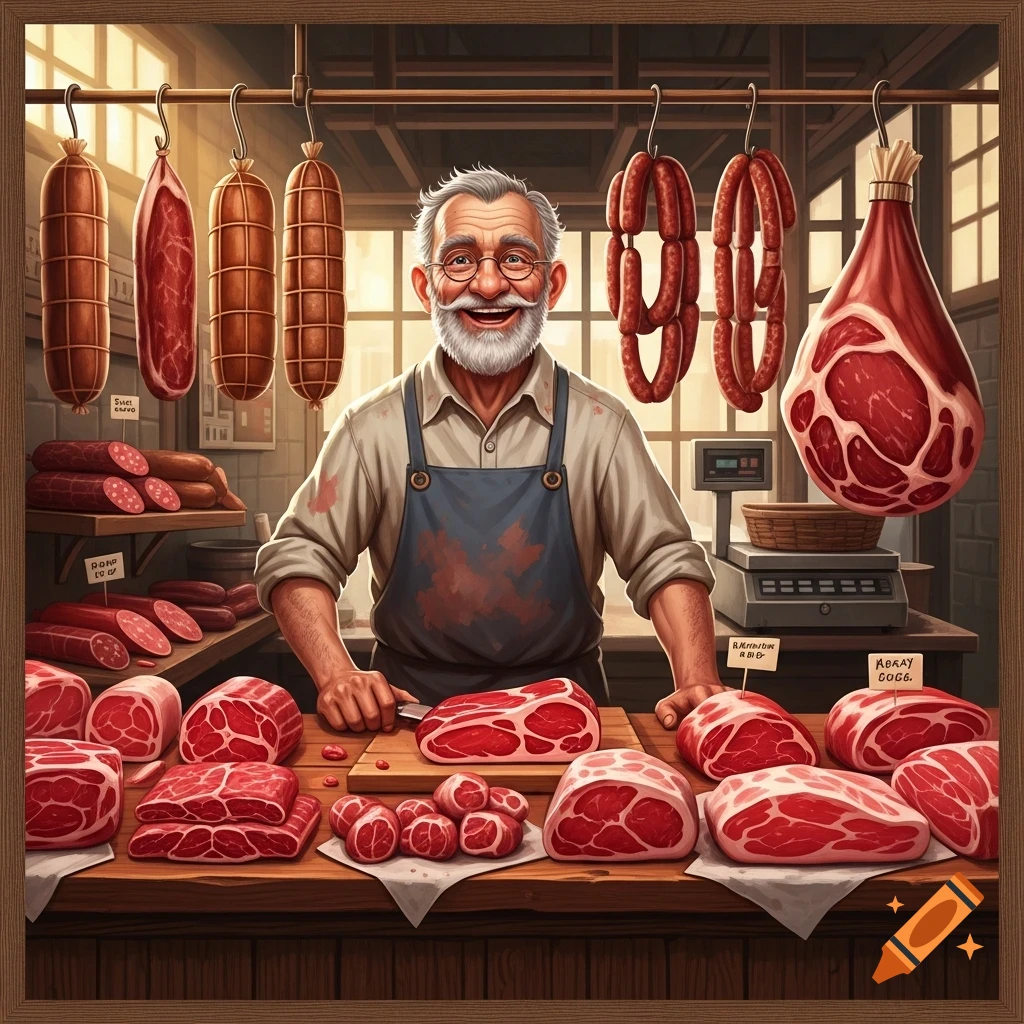 A smiling old butcher with a white beard stands behind a counter laden with fresh cuts of meat and hanging sausages.
