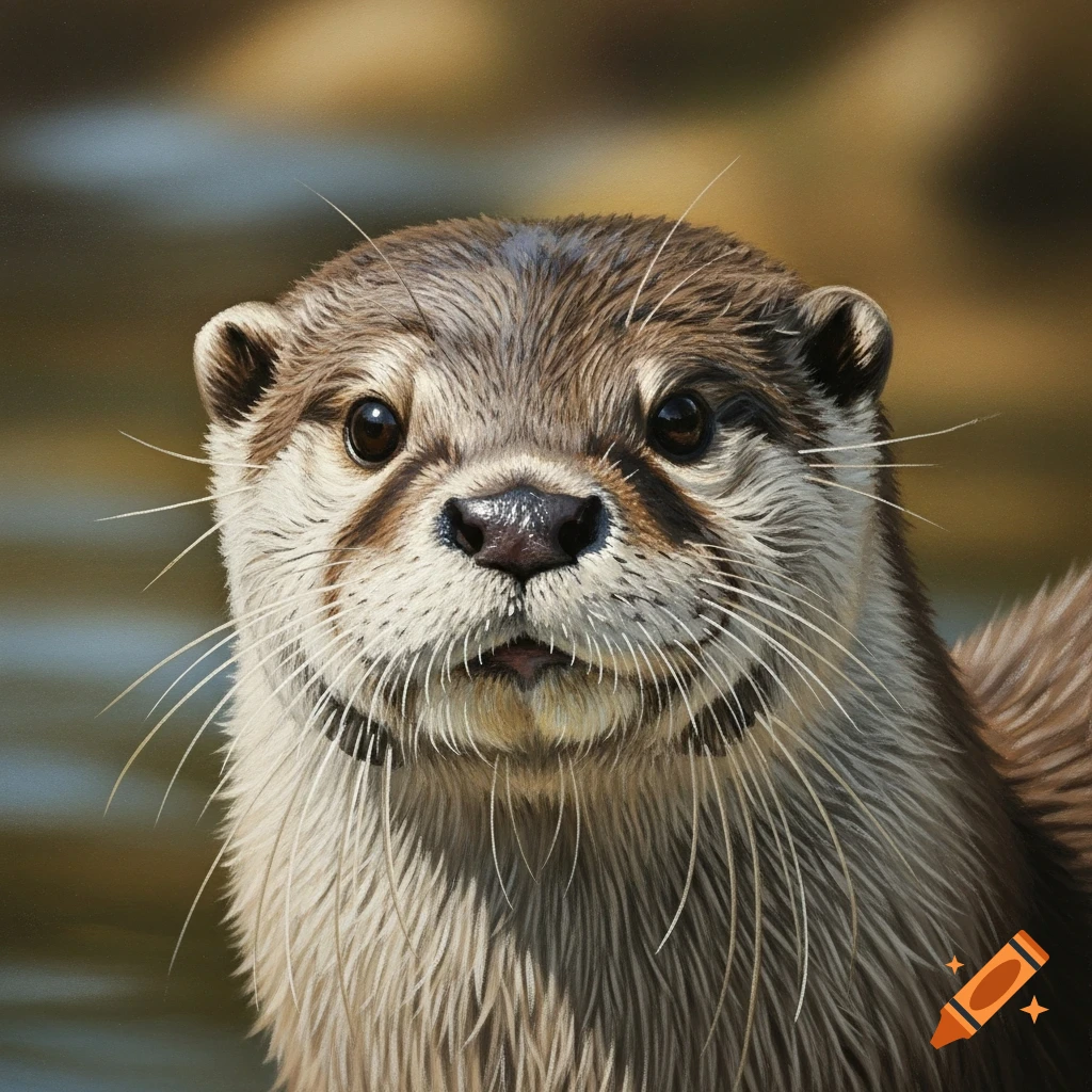 A close-up oil painting of an otter with wet fur and prominent whiskers looking forward.
