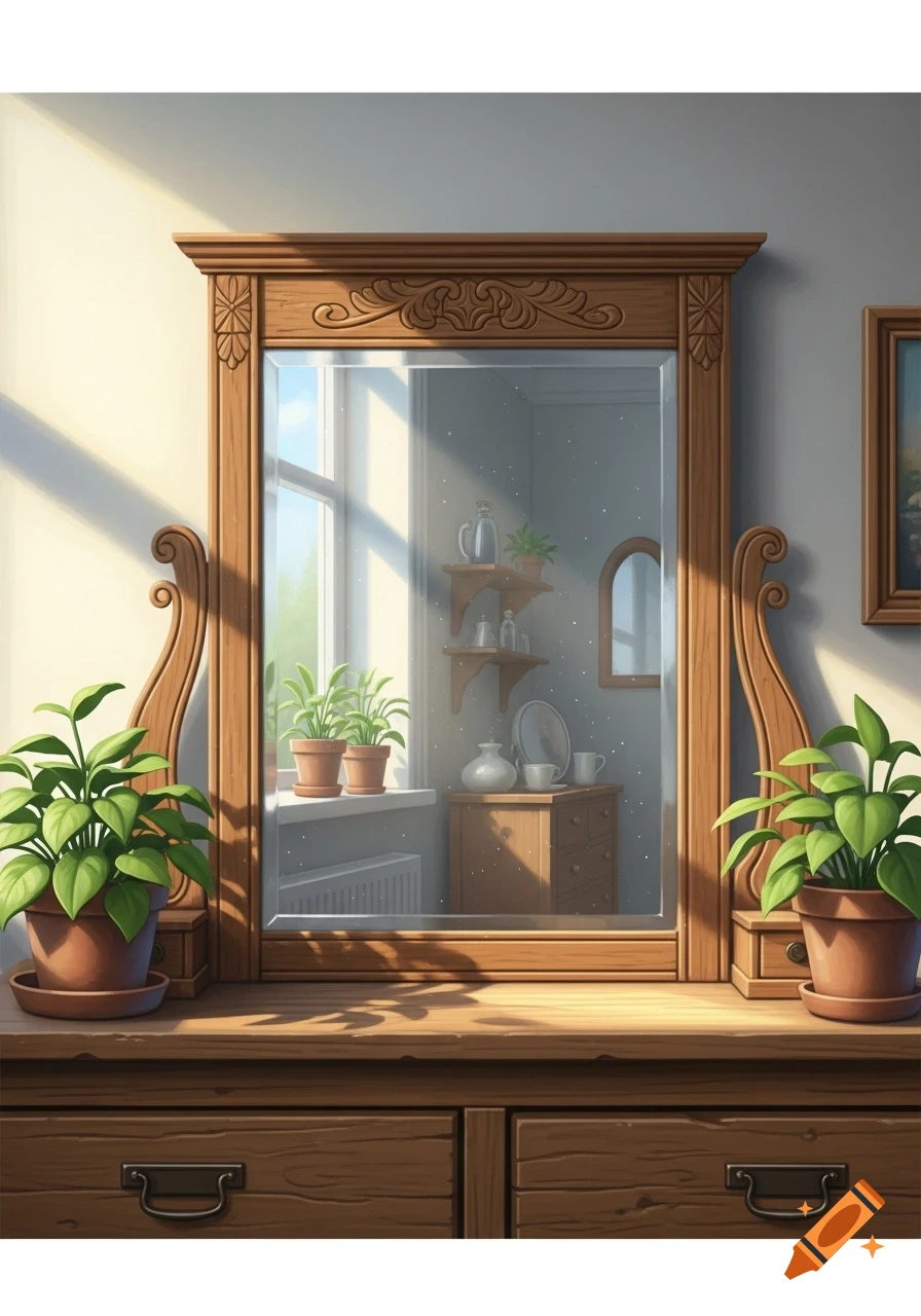 A digital illustration of a wooden dresser and a large carved mirror, flanked by potted green plants, reflecting a sunny room.