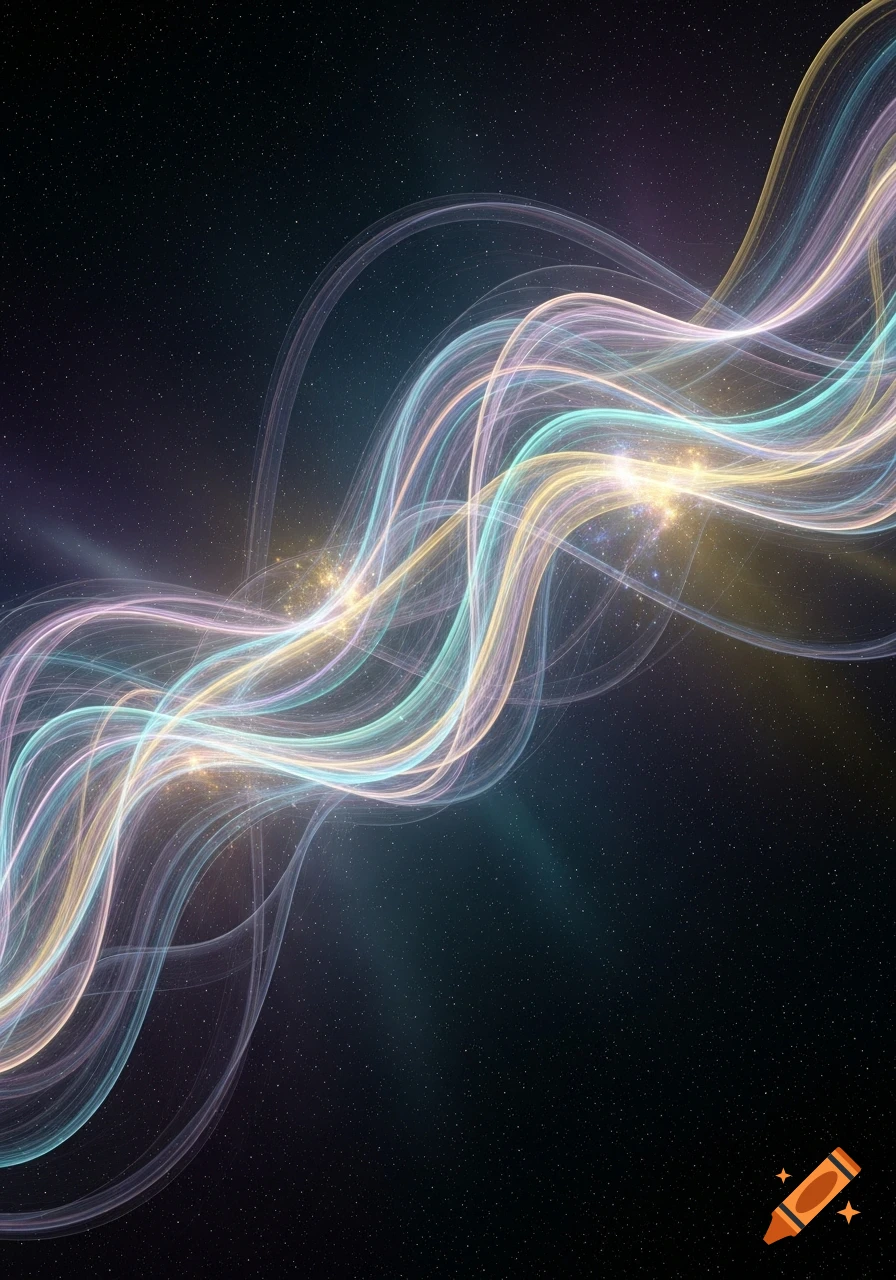 Abstract image of luminous, wavy light trails in blue, pink, and yellow against a dark, starry cosmic background.