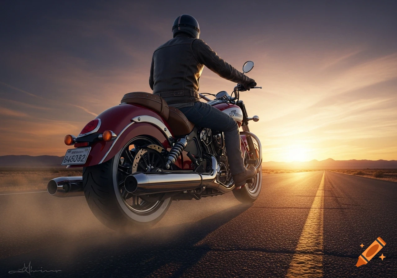 A person rides a red Indian motorcycle on a desert highway, with the sun setting brightly on the horizon, in a photorealistic style.