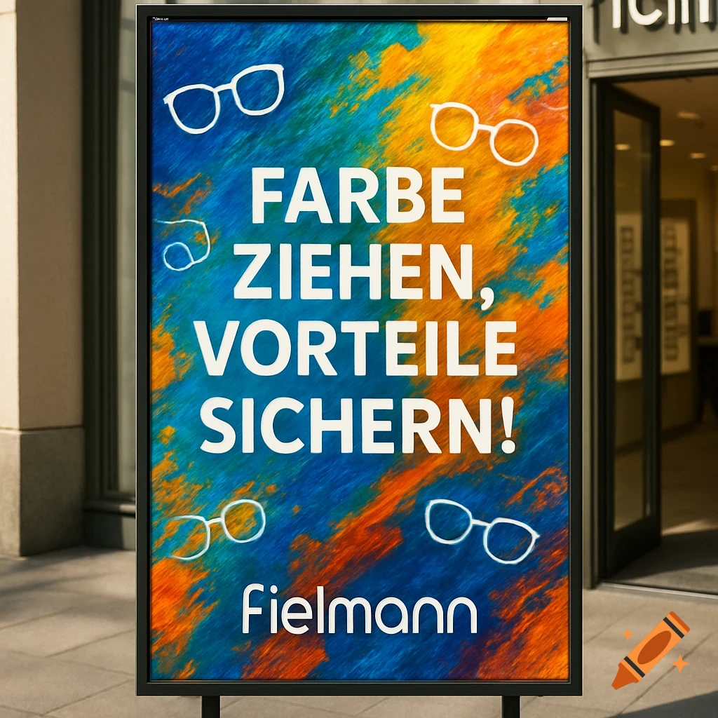 Outdoor Fielmann poster with vibrant paint strokes, white eyeglasses, and German text "FARBE ZIEHEN, VORTEILE SICHERN!"