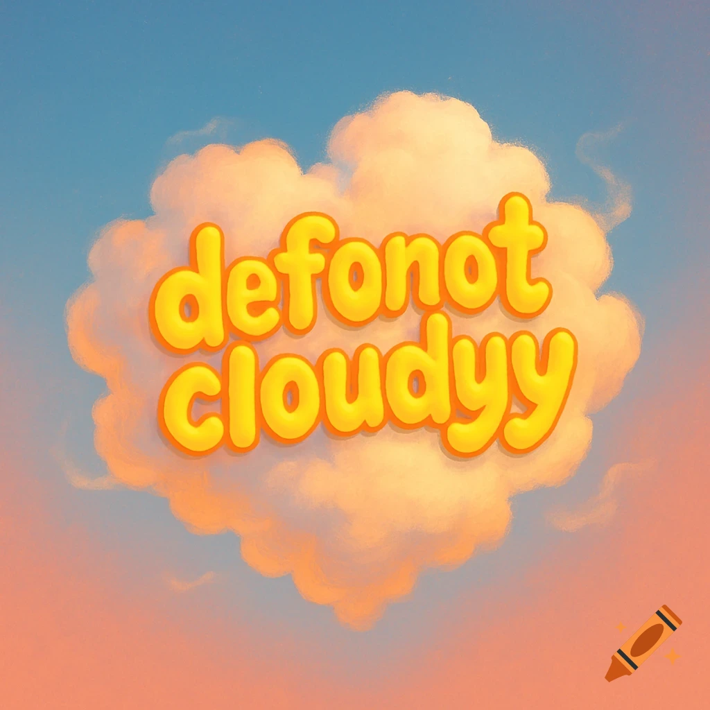 Yellow bubble text "defonot cloudyy" on a fluffy cloud against a blue and pink sky.