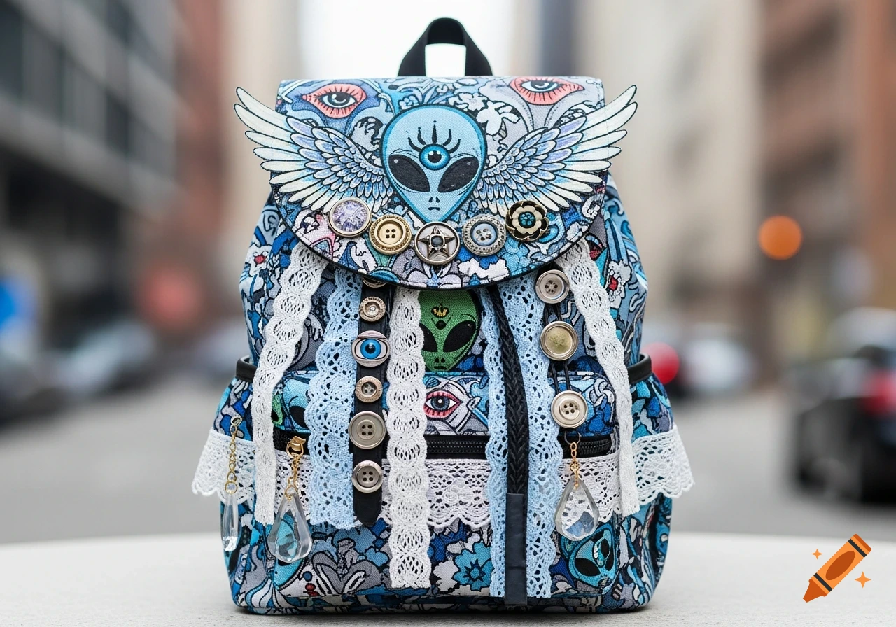 Blue, white, and grey backpack decorated with alien faces, eyes, wings, lace, buttons, and clear teardrop pendants, standing on a city street.