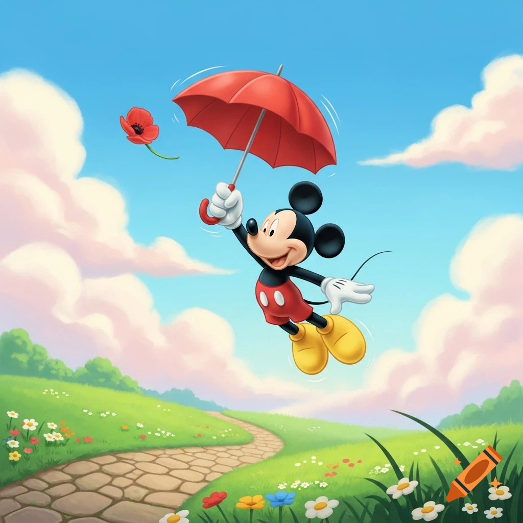 Cartoon Mickey Mouse happily flying with a red umbrella over a green field with a path, under a blue sky with clouds.