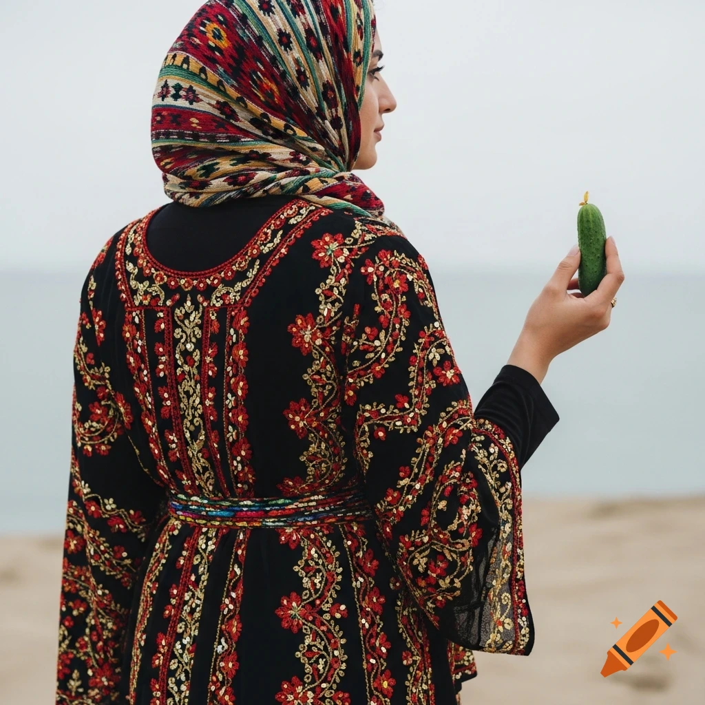 A Kurdish woman in a vibrant embroidered traditional dress and patterned headscarf, viewed from behind, holding a small cucumber on a beach.
