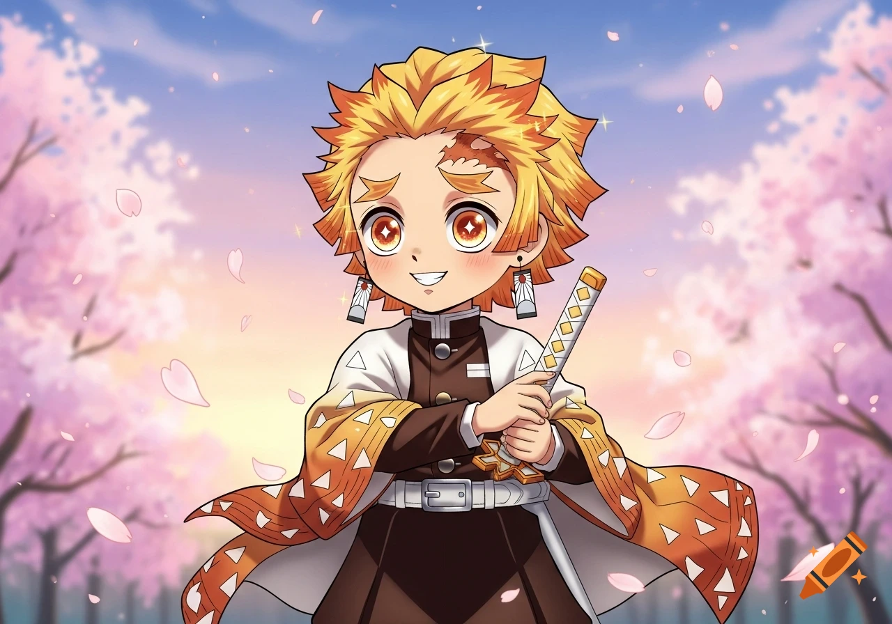 Chibi Zenitsu from Demon Slayer, with spiky yellow hair and a patterned haori, holding a sword amidst falling cherry blossoms.