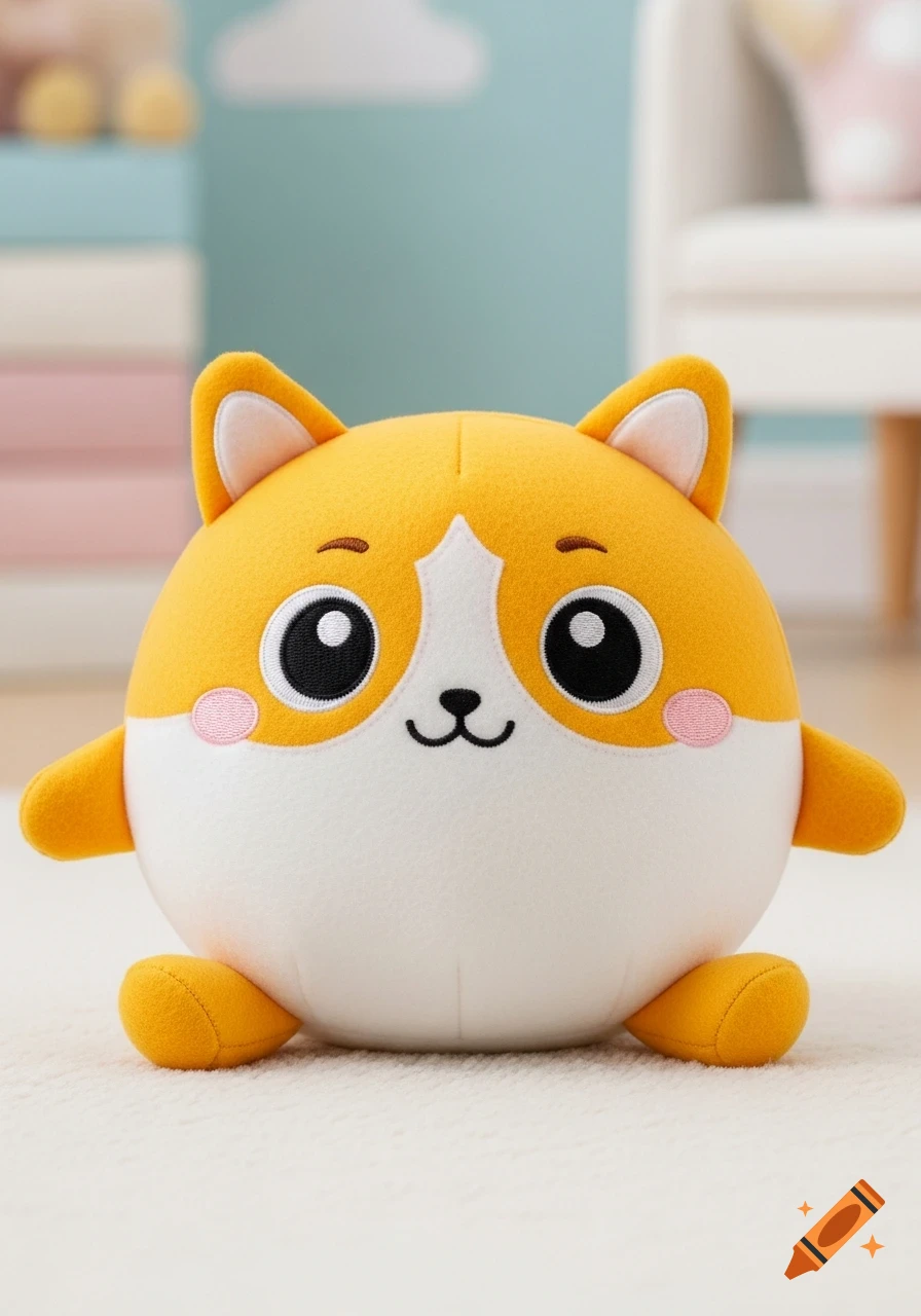 A cute, round orange and white plushie resembling a cartoon corgi dog, sitting on a fluffy white rug in a blurred room.