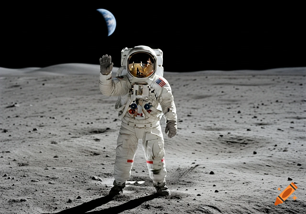 An astronaut in a white suit waves hello on the lunar surface, with Earth visible in the black sky above.