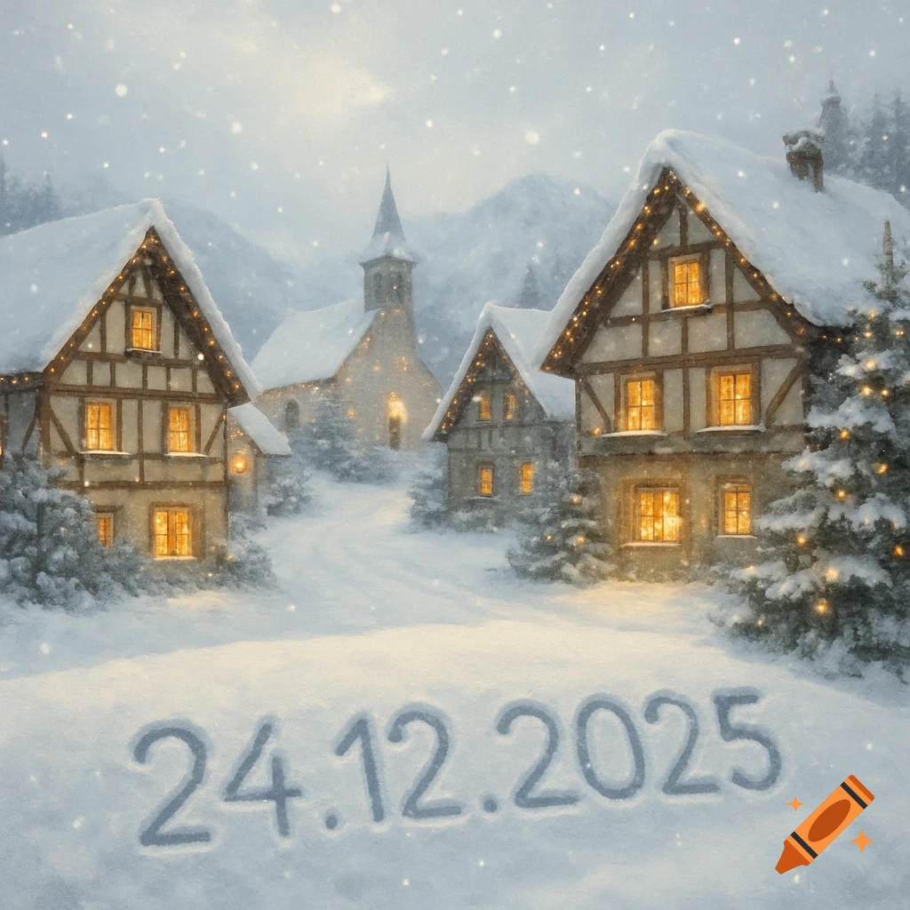 A cozy, snow-covered winter village at night with glowing lights, a church, and '24.12.2025' written in the snow.