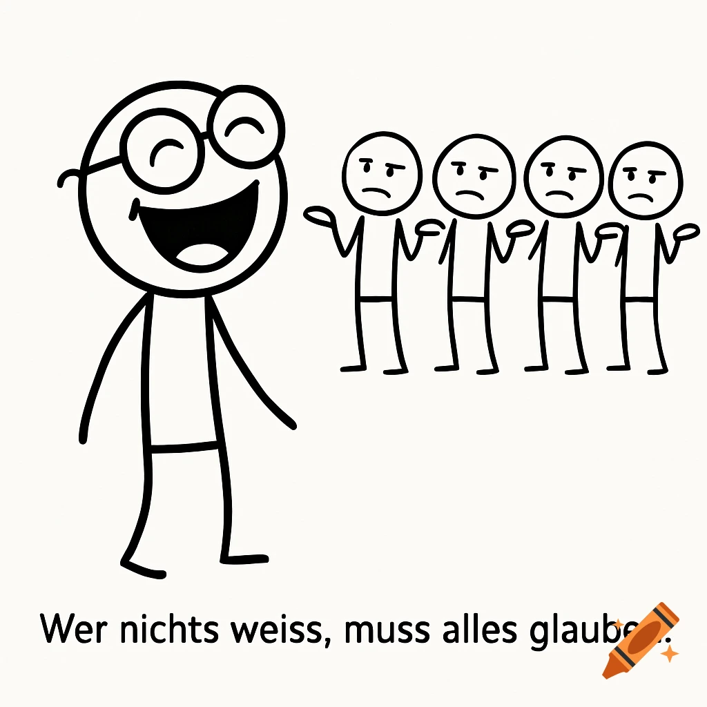 A stick figure with glasses laughs as four other stick figures look displeased. German text reads: 'Wer nichts weiss, muss alles glauben.'
