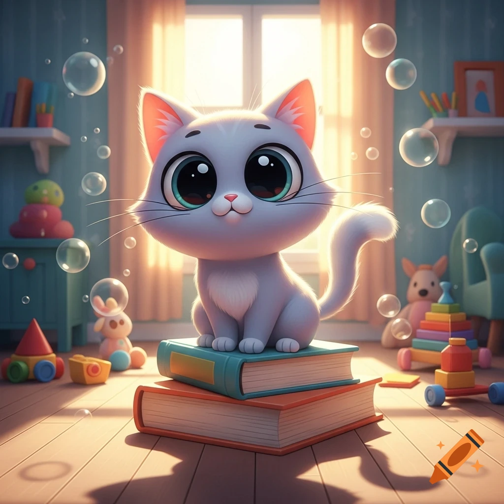 A cute, big-eyed cartoon cat sits on a stack of books in a sunny room with bubbles and toys.