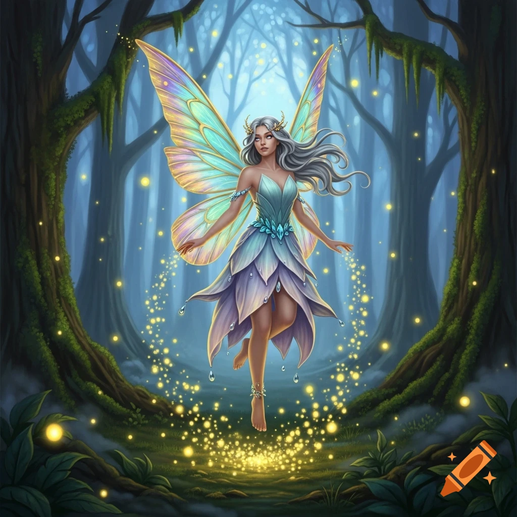 A beautiful fairy with shimmering wings floats in a magical forest surrounded by glowing light particles.