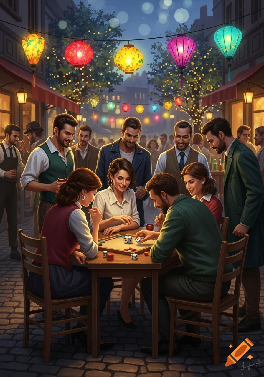 A group of people, including men and women, gather around a wooden table to play dice in a vibrant street scene at night, lit by colorful lanterns and string lights.