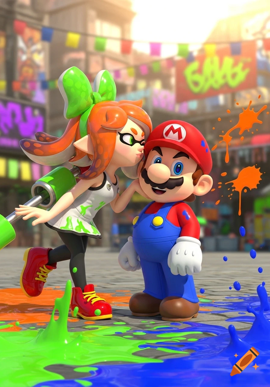 An Inkling girl from Splatoon kisses a cartoon Mario on the cheek, surrounded by colorful paint splatters in an urban setting.