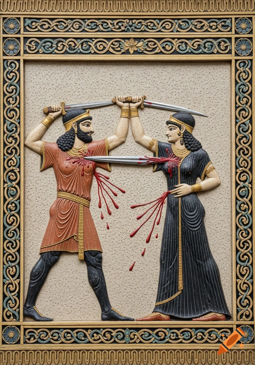 Stylized Achaemenid relief depicting a man and a woman in a fatal duel, stabbing each other with swords, with ornate borders.