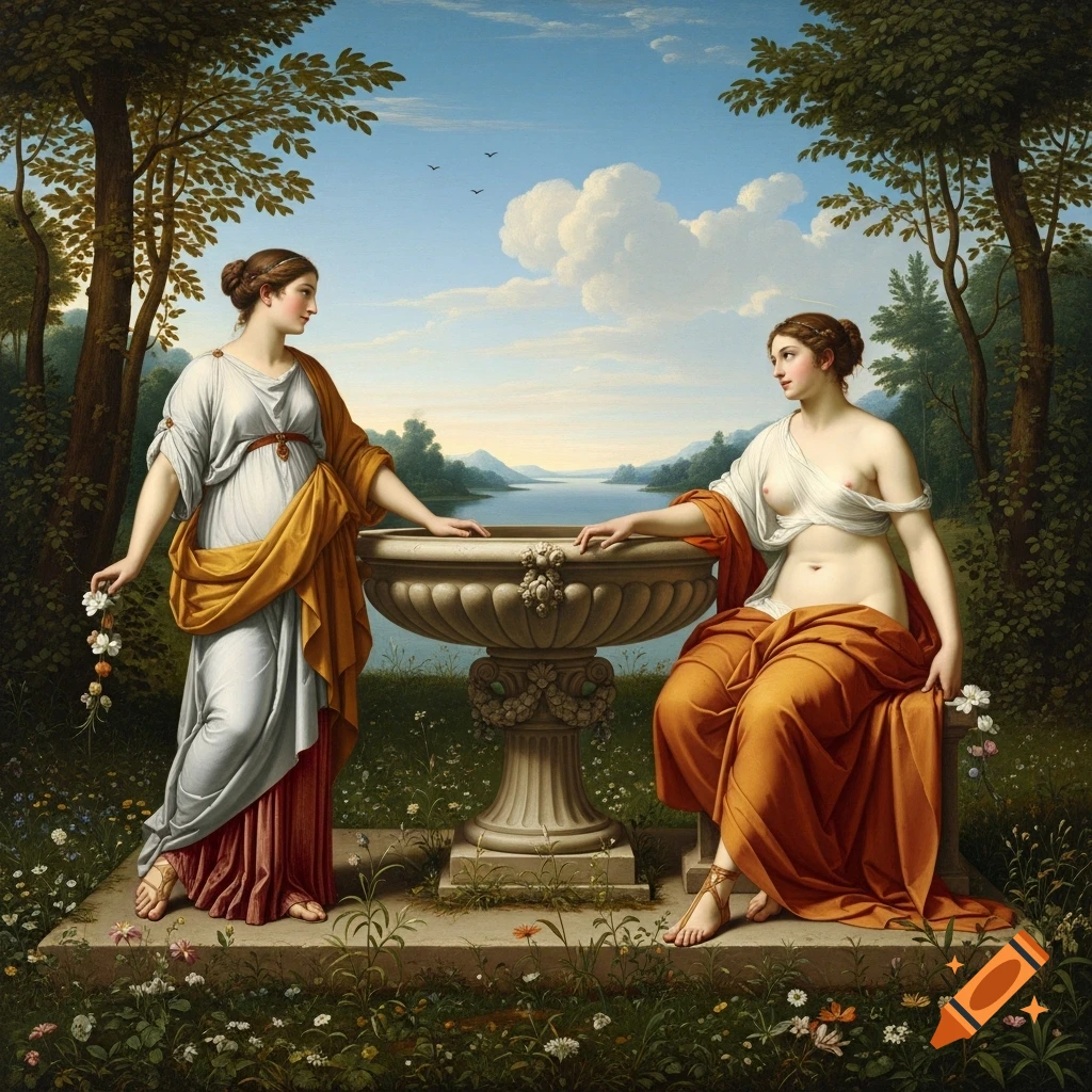 Two women in classical robes, one standing and one seated, by a stone fountain in a lush garden with a lake and mountains in the background, in a classical painting style.