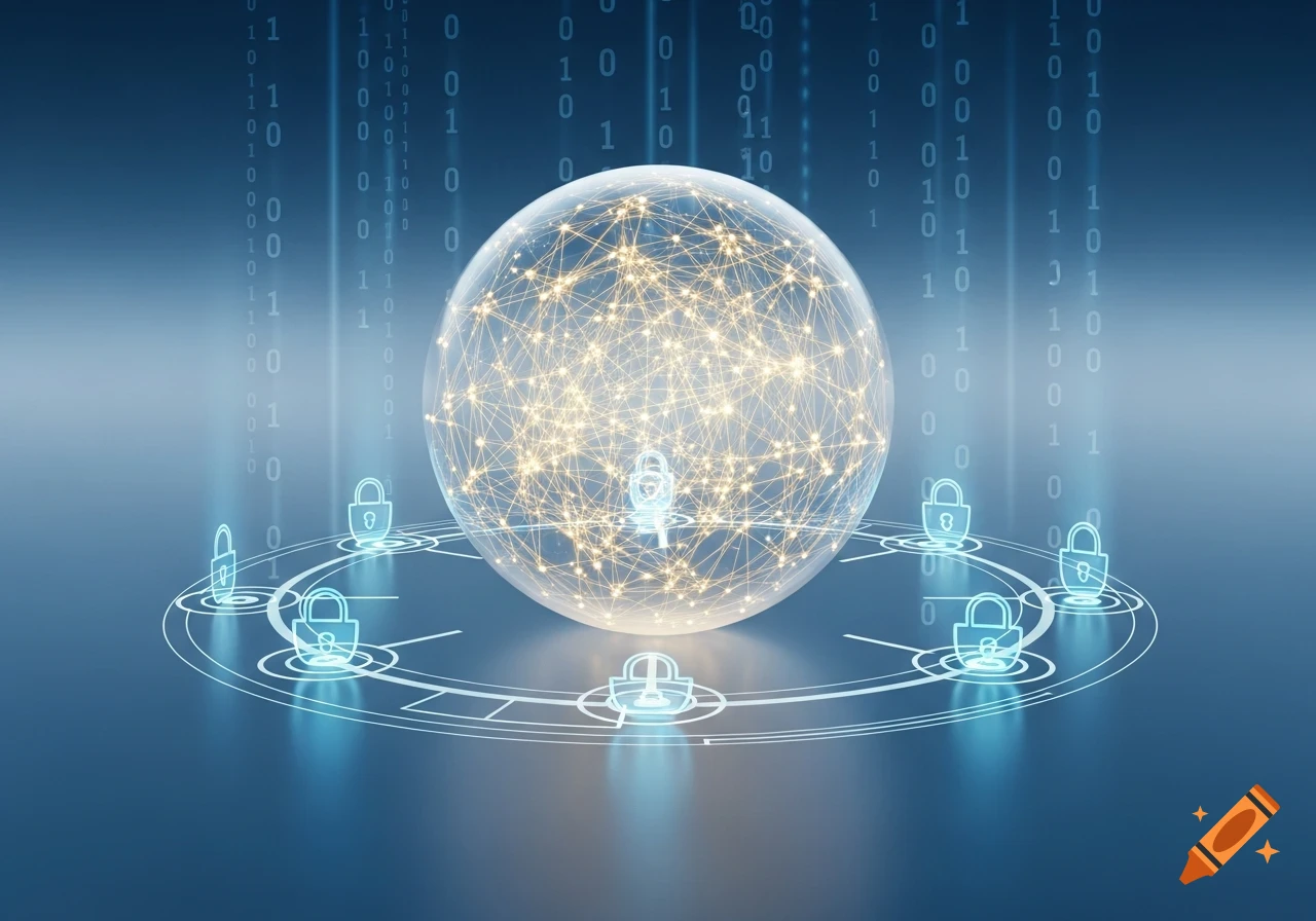 A glowing transparent sphere with an internal network of light lines, surrounded by blue padlock icons on a circuit pattern, against a blue background with falling binary code.
