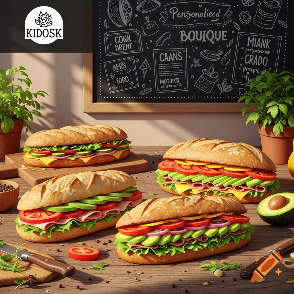Four fresh sandwiches with ham, cheese, lettuce, tomato, red onion, and avocado on a wooden table with a chalkboard.