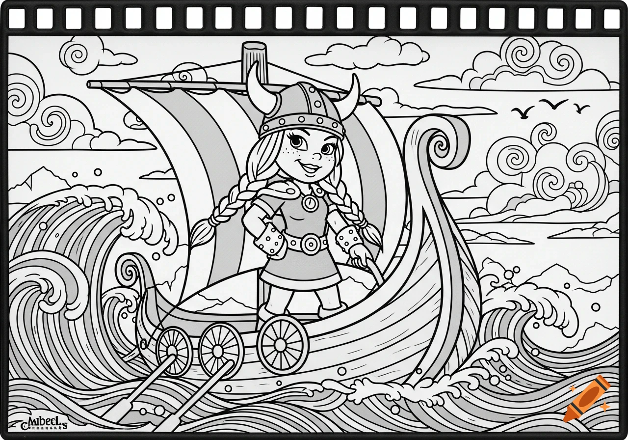 Black and white rubber hose style cartoon of a viking girl in a longboat on wavy water, with mountains and clouds in the background.