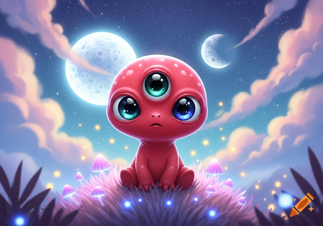 A cute, red, three-eyed alien sits on a glowing purple mushroom patch under a starry night sky with two moons, in a whimsical cartoon style.