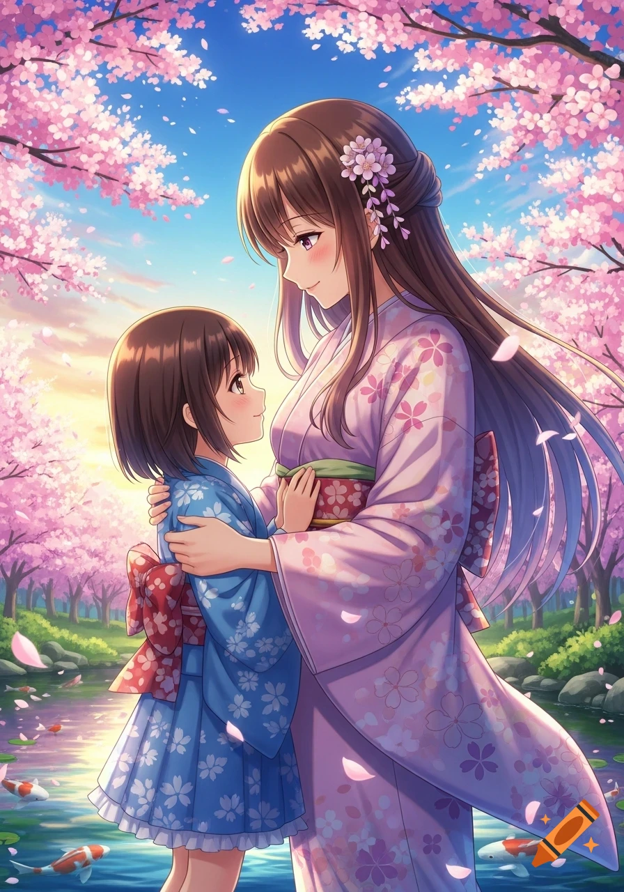 An anime mother and child in kimonos embracing under pink cherry blossom trees by a pond with koi fish.