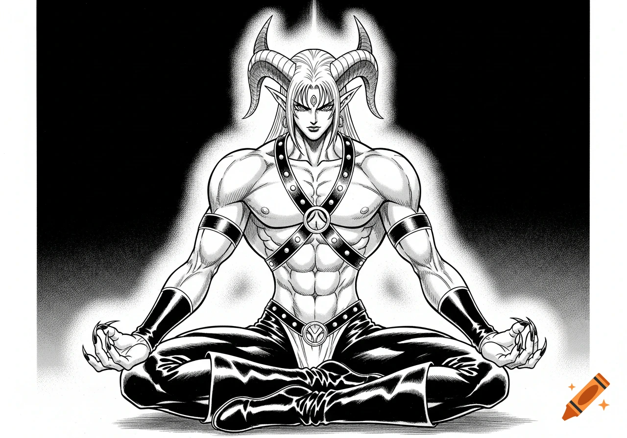 A muscular demon with horns and long hair sits in a yoga pose, wearing leather straps and low-waist pants, in a black and white manga style.