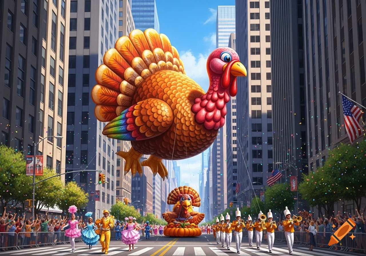 A vibrant Thanksgiving parade featuring a giant turkey balloon floating over a city street with marching bands and cheering crowds.