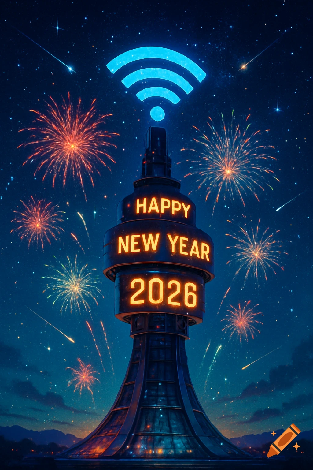 A futuristic tower displaying "HAPPY NEW YEAR 2026" with a glowing WiFi symbol atop, surrounded by vibrant fireworks and shooting stars in a dark blue night sky.