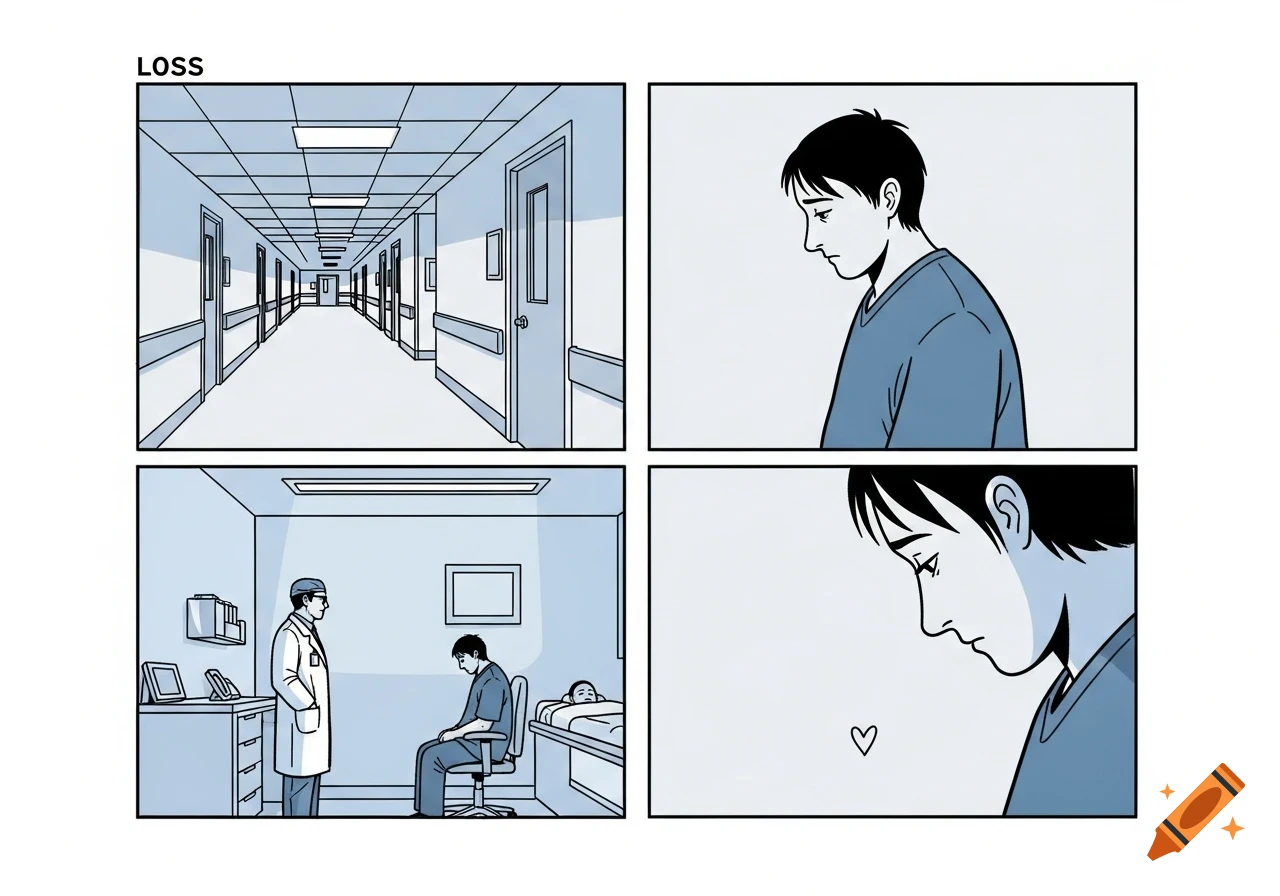 Four-panel comic strip titled 'LOSS' showing a hospital hallway, a sad man, a doctor and the man by a hospital bed, and the man with a heart.