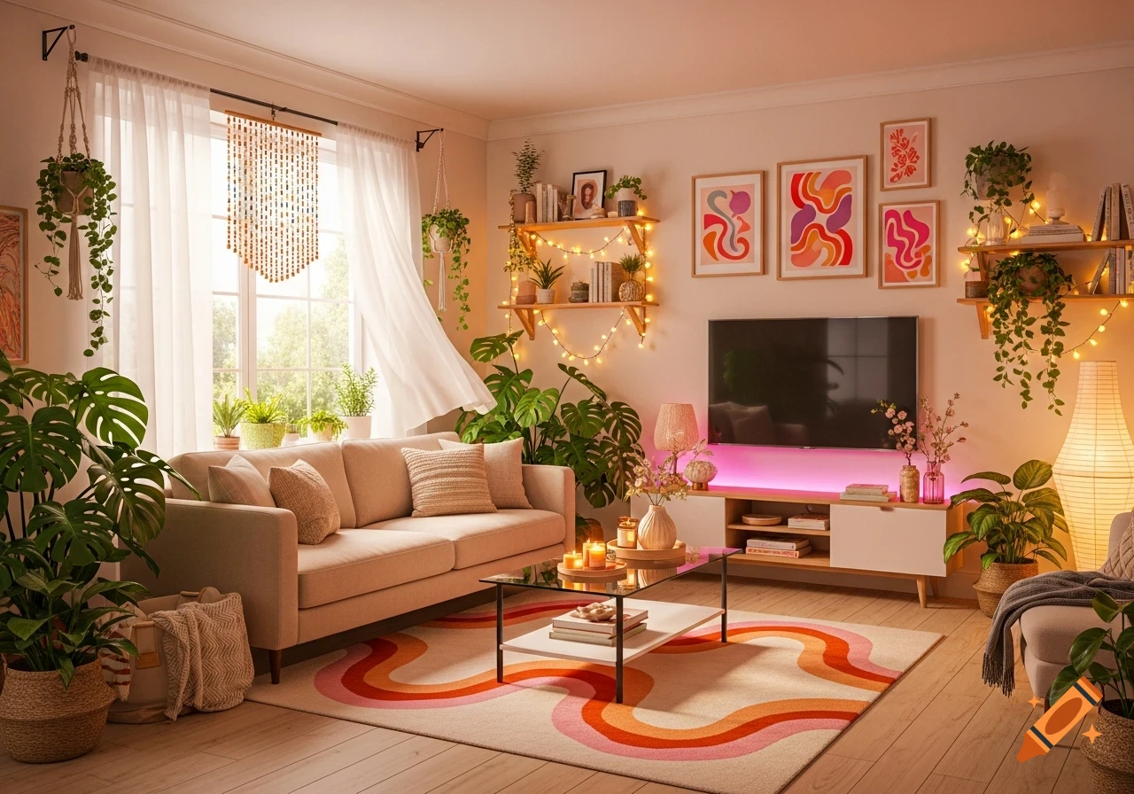A cozy, boho-style living room with a beige sofa, many green plants, a retro rug, colorful art, and warm ambient lighting.