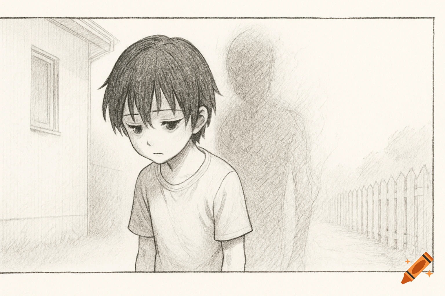 A grayscale anime-style pencil sketch shows a sad boy looking down, with a blurry, faint human-shaped aura behind him, next to a house and fence.