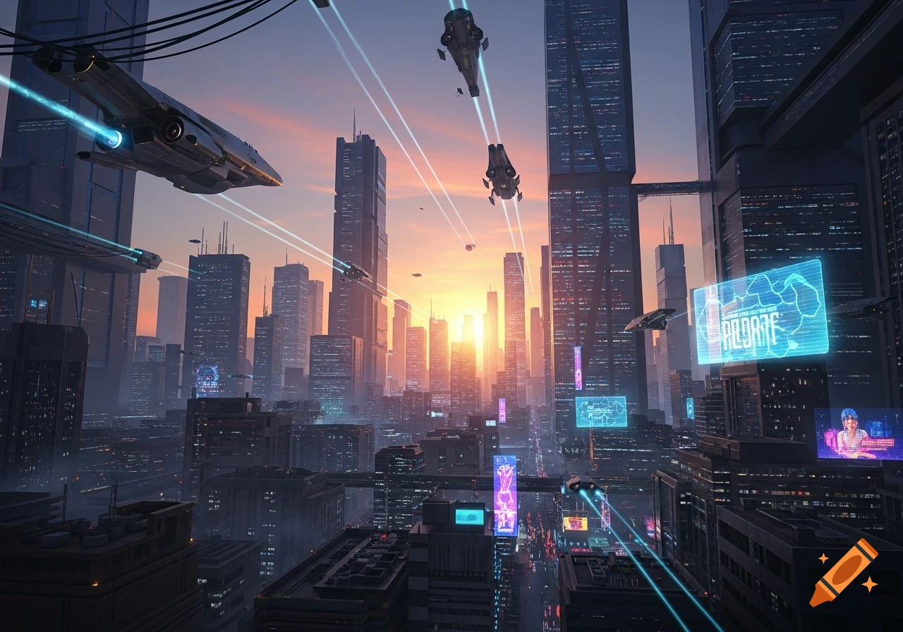 A vibrant futuristic cityscape at sunset, with numerous skyscrapers, flying vehicles, and glowing neon screens.