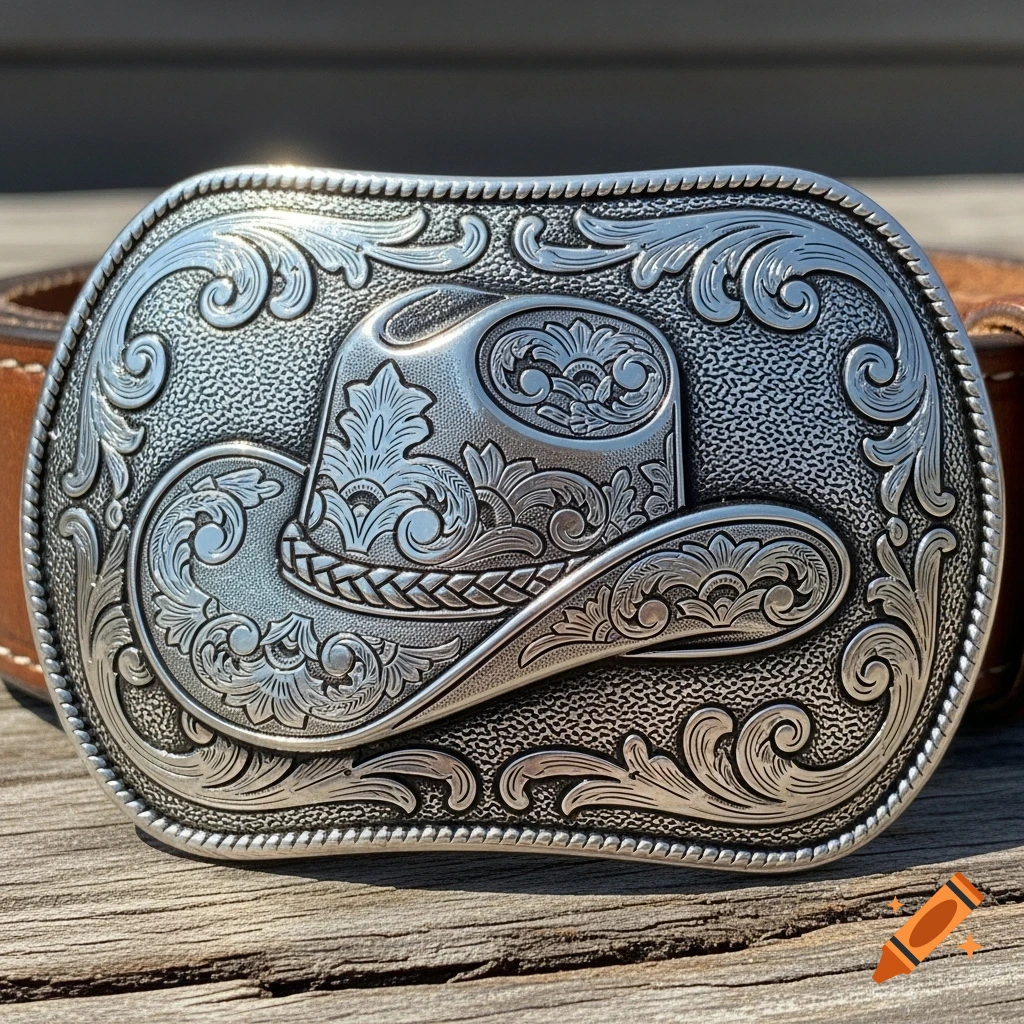 A silver belt buckle featuring an engraved cowboy hat and floral scrollwork, set on a brown leather belt on a wooden surface.