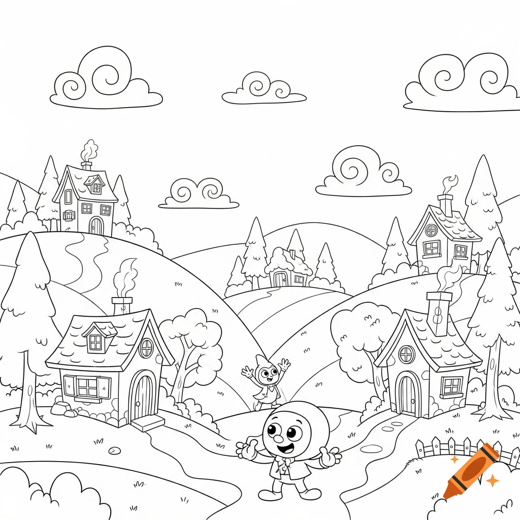 Cartoon village landscape with houses, trees, hills, and two cheerful characters, in black and white line art for a coloring book.
