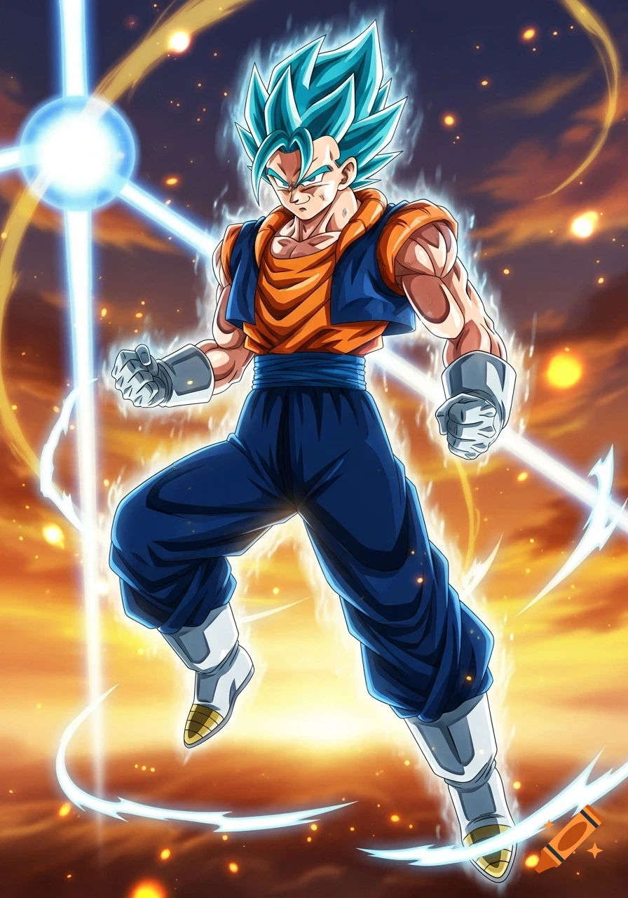 Vegito in Super Saiyan Blue form, wearing an orange and blue gi, surrounded by glowing aura, against a fiery sky background.