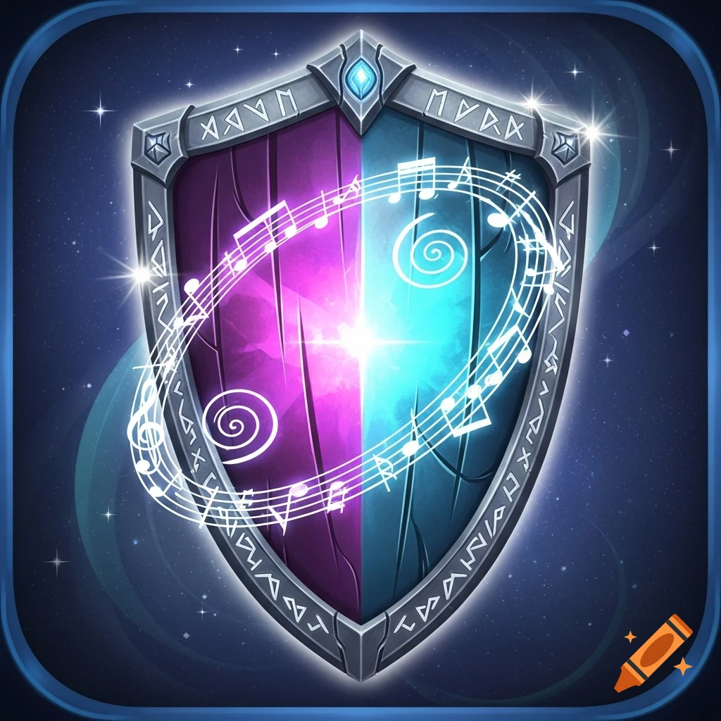 A glowing fantasy shield split purple and blue, adorned with runes and swirling musical notes on a starry background.