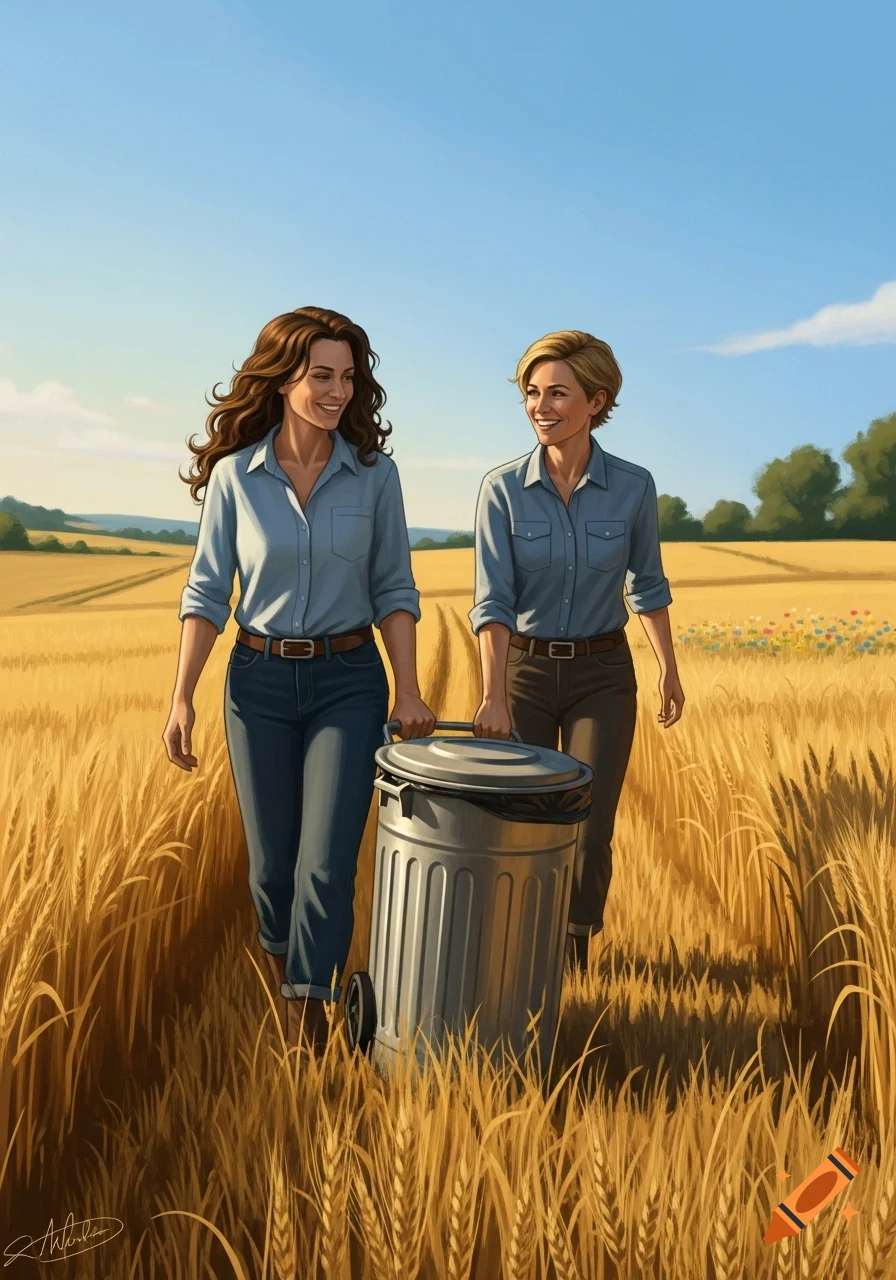Two smiling women in button-up shirts and jeans walk through a golden wheat field, pushing a trash can under a clear blue sky.