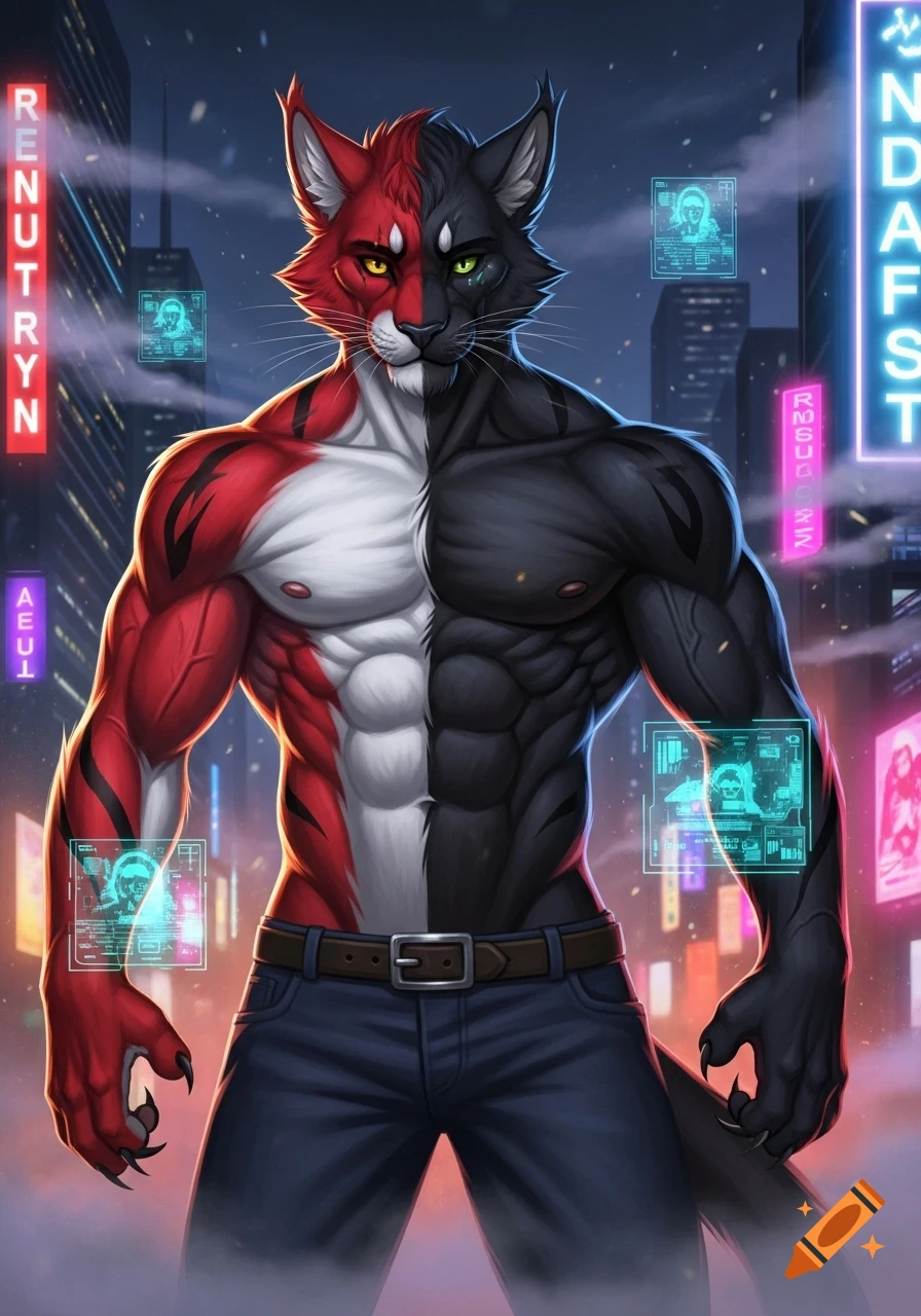 Muscular red and black anthropomorphic cat stands shirtless in a futuristic cyberpunk city with neon signs and holographic displays.
